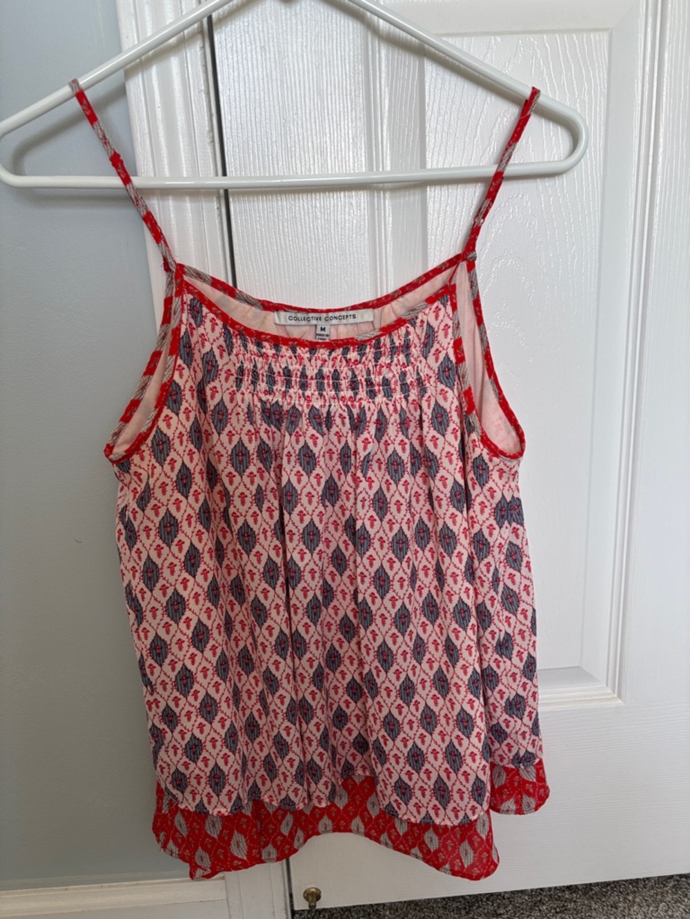 Collective Concepts Orange with  Red Trim and Blue Print Smocked Top